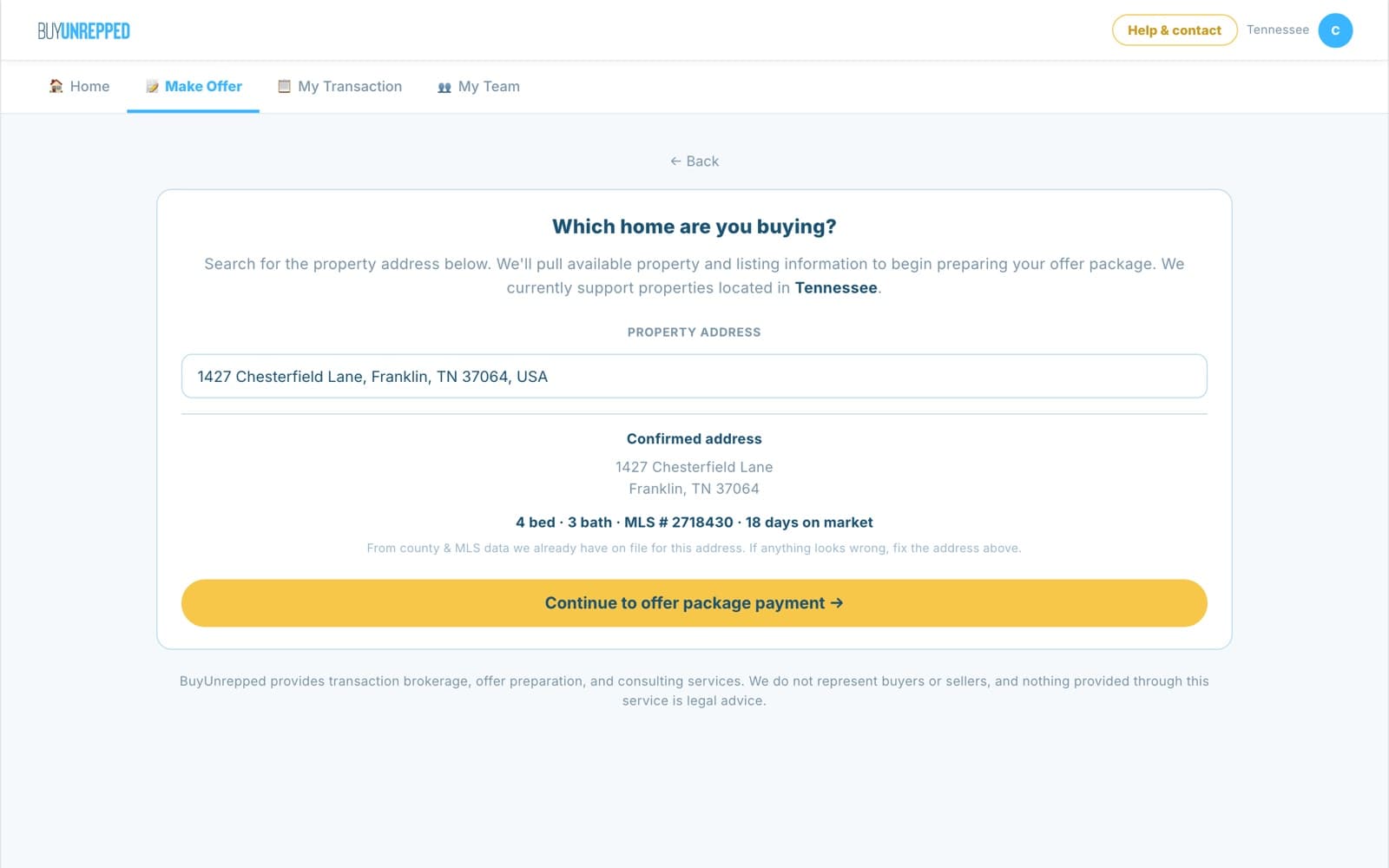 BuyUnrepped app: the buyer types in the address and the app confirms the home