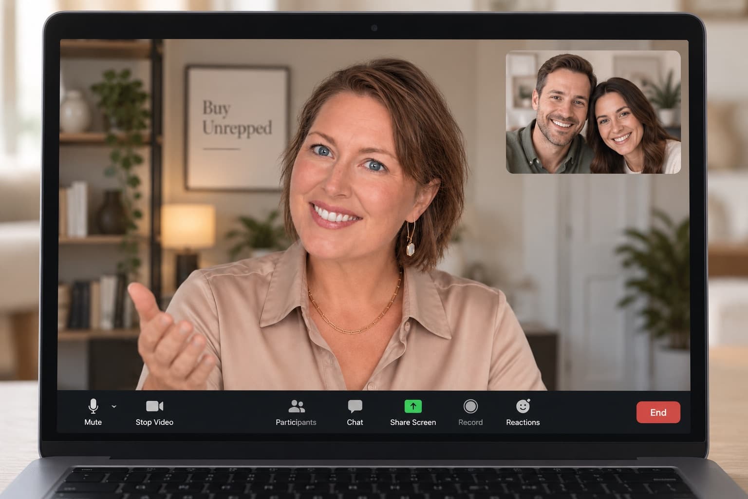 Kayla Brown on a video call with a smiling couple