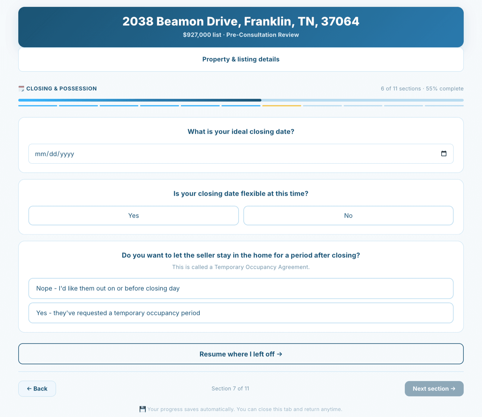 BuyUnrepped offer questionnaire screen collecting price, closing, and contingency terms