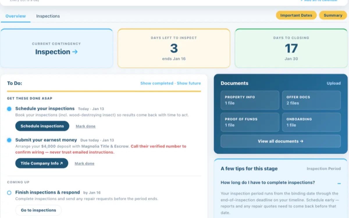 BuyUnrepped app: closing timeline with every deadline and to-do