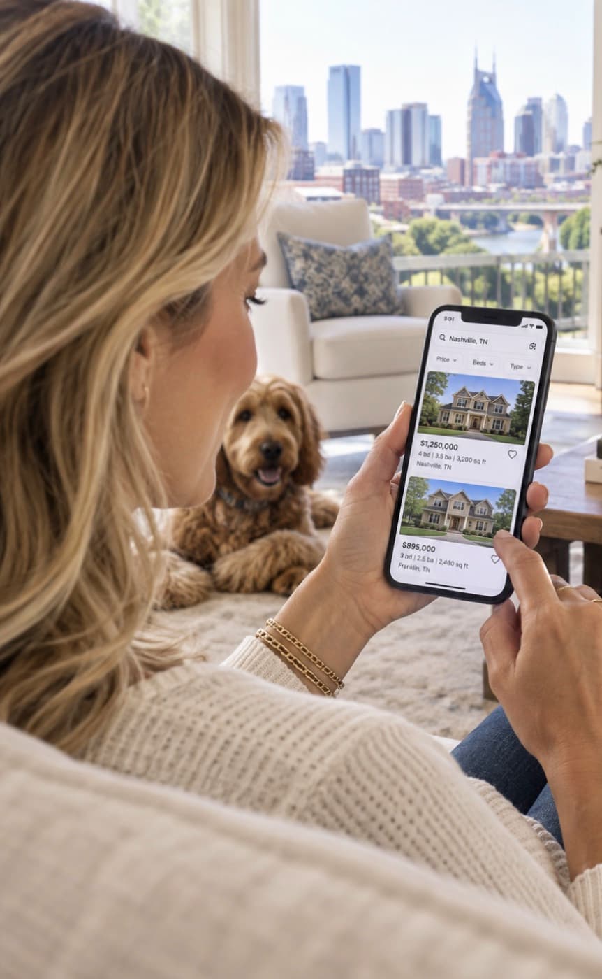 Buyer on the couch scrolling Nashville home listings on her phone