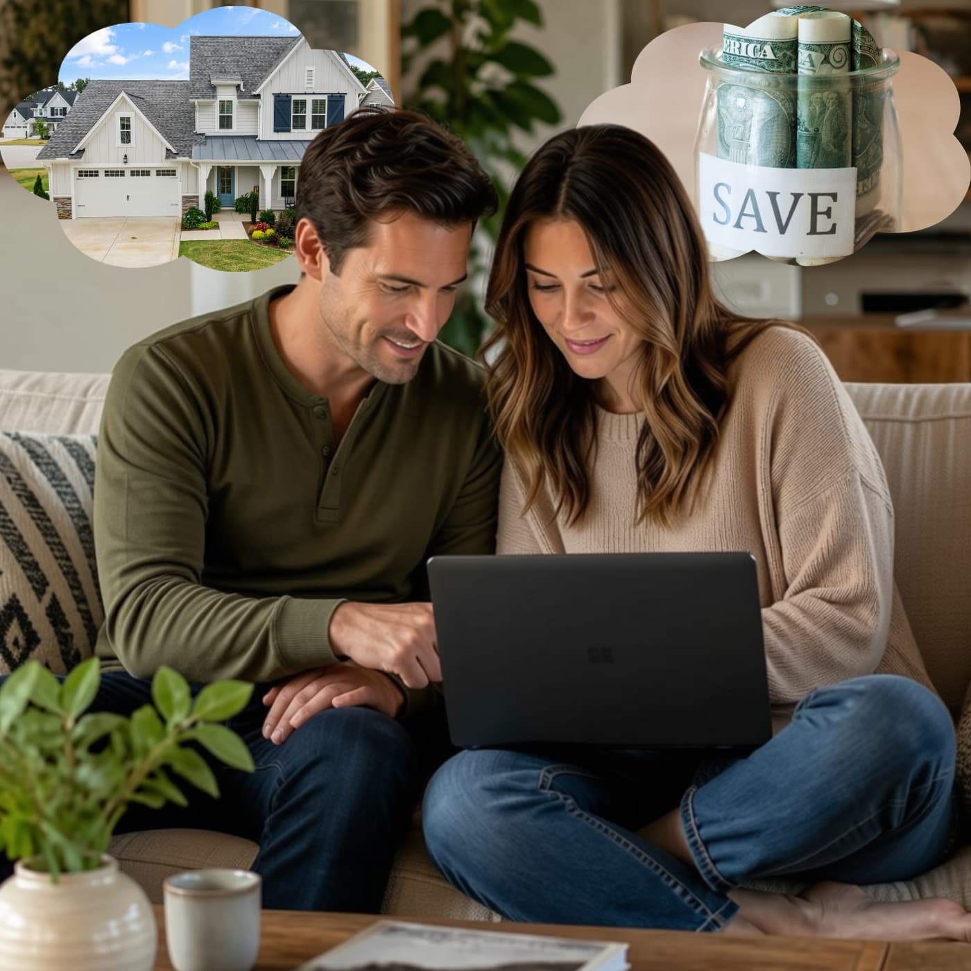 Couple on the couch looking at a laptop, picturing their new home and the money they could save