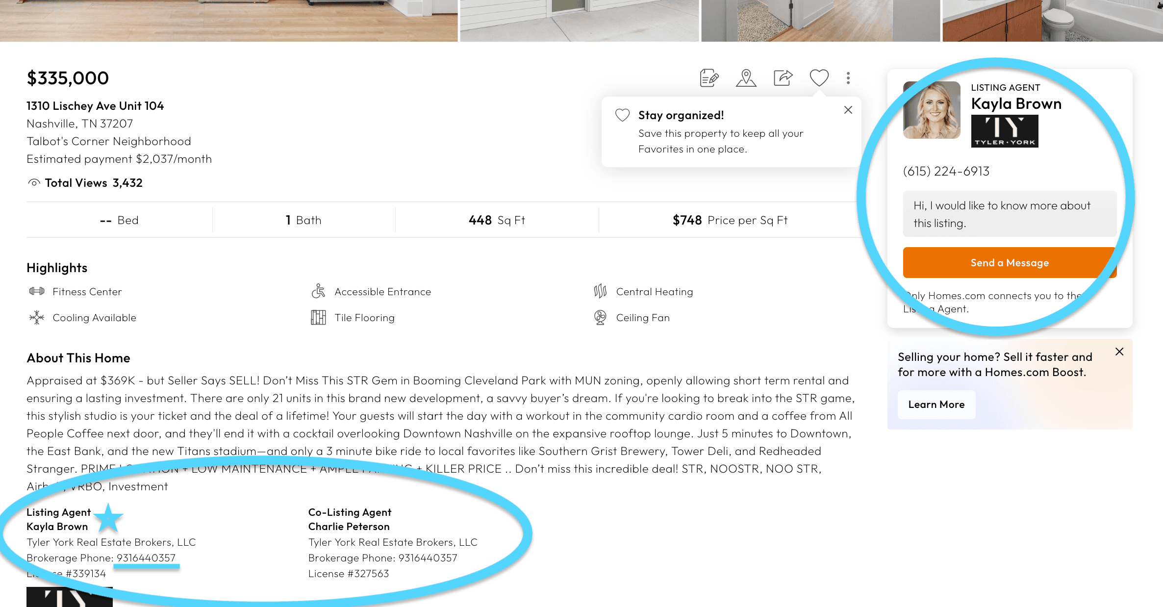Homes.com listing page with the paid-lead 'Send a Message' card crossed out and the real Listing Agent / Co-Listing Agent panel circled