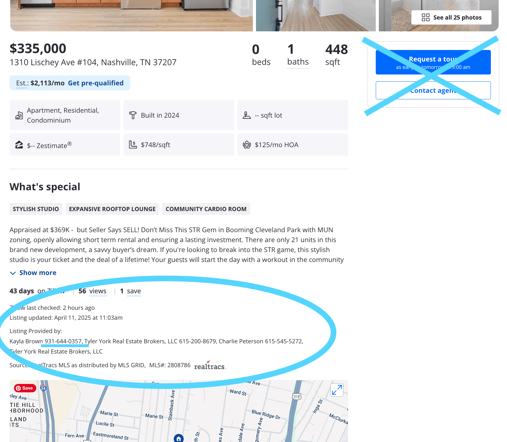 Zillow listing page with the 'Request a tour' and 'Contact agent' paid-lead buttons crossed out and the real listing agent's name and phone number circled in the listing details