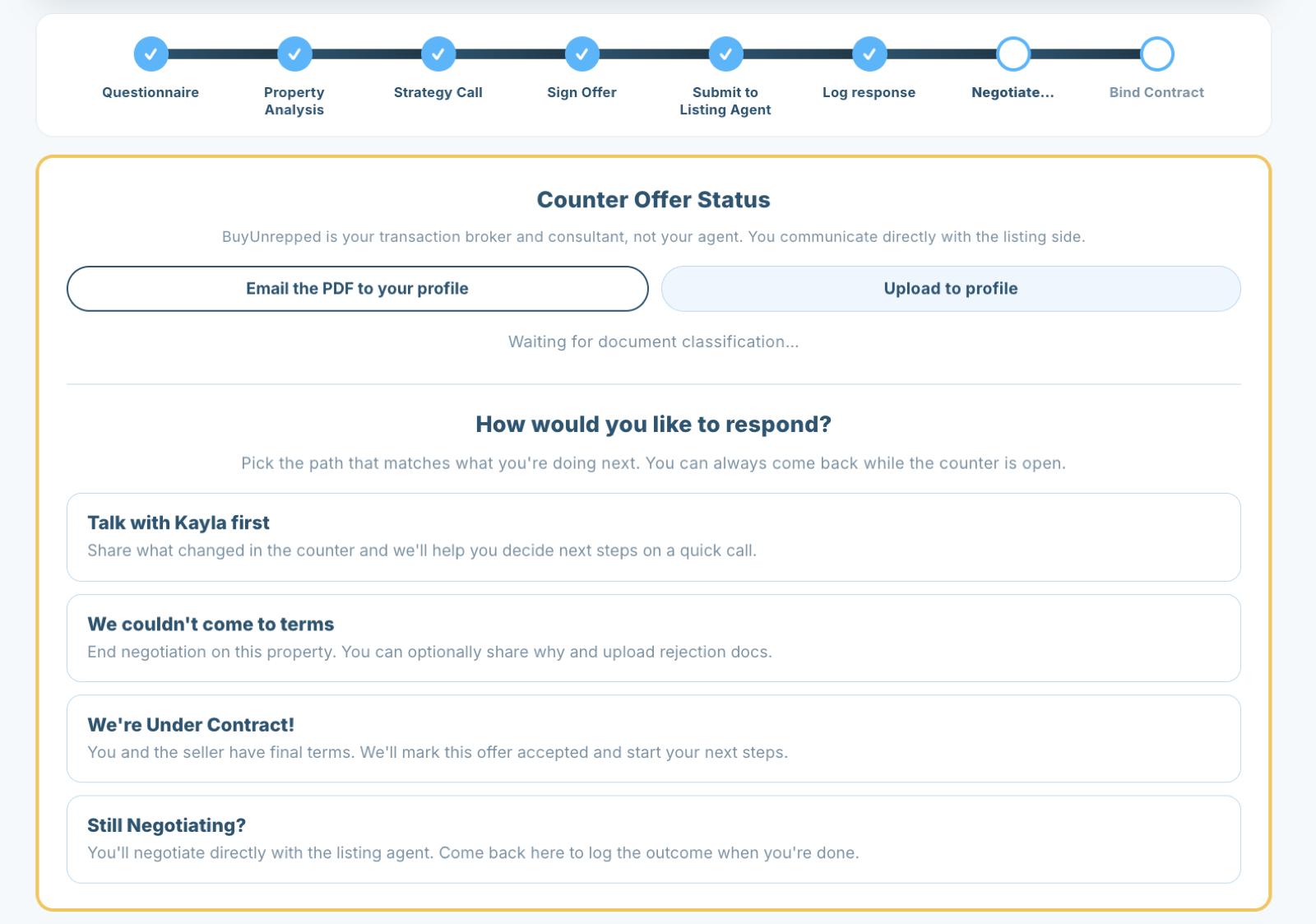 BuyUnrepped counteroffer response screen with options to negotiate, accept, or end the deal