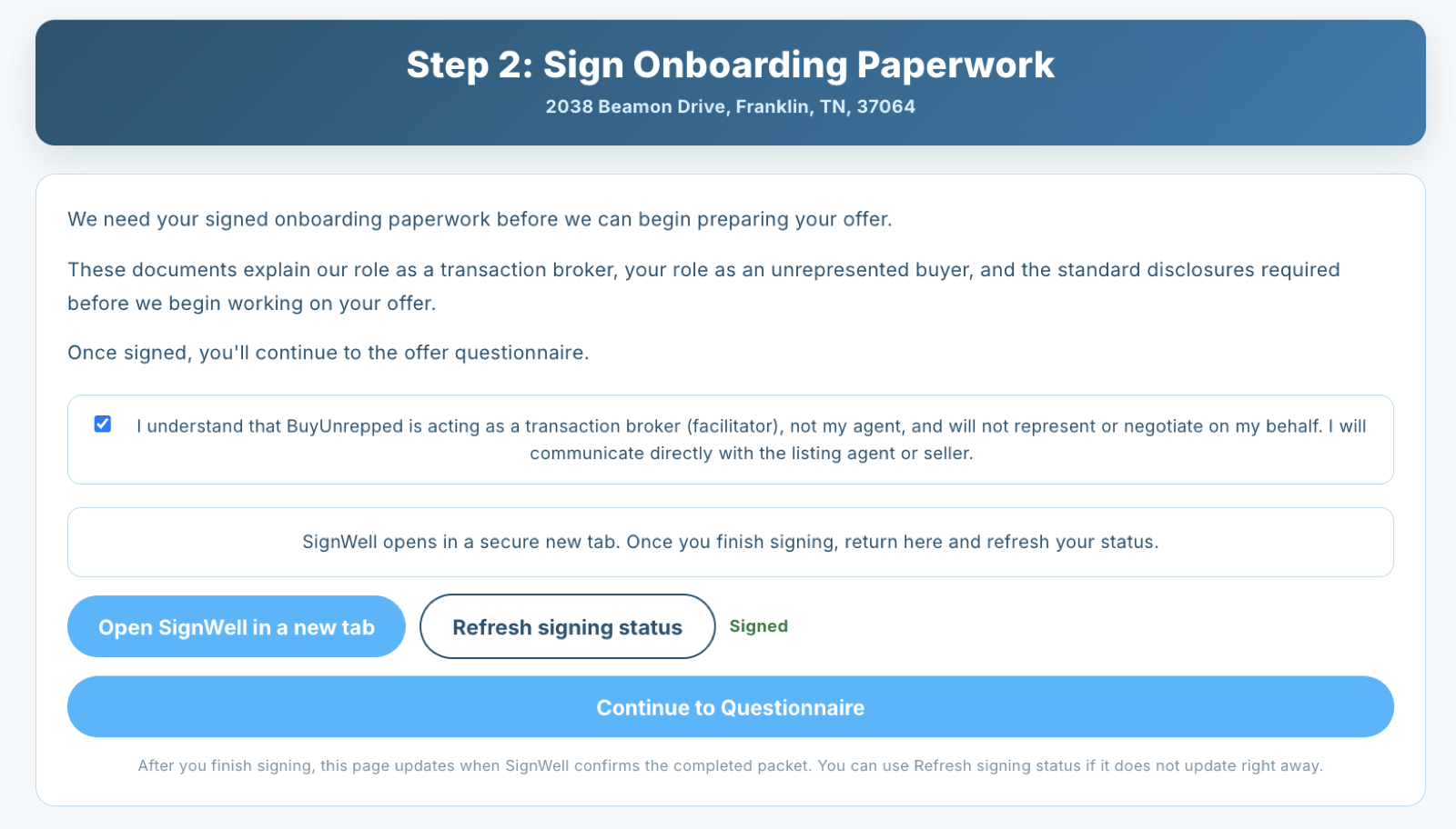BuyUnrepped onboarding screen explaining transaction broker and facilitator disclosure