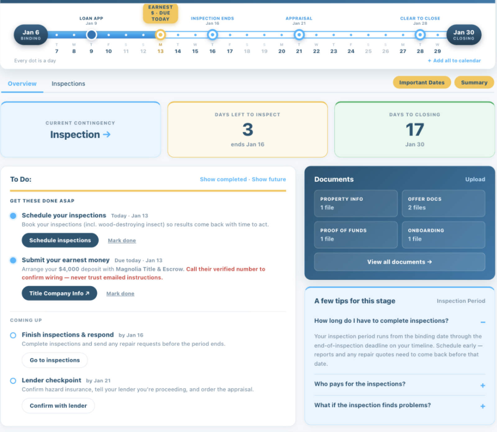 BuyUnrepped transaction dashboard showing binding date, earnest money deadline, inspection deadline, appraisal, clear to close, and closing date
